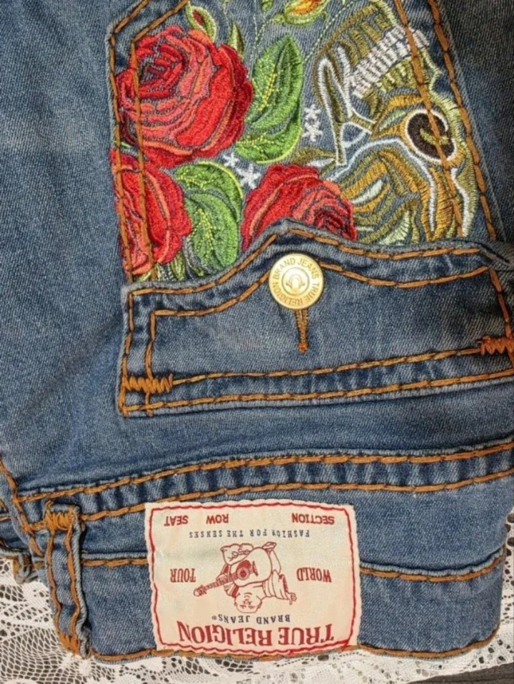 True Religion Rose Embroidered Flap Pocket Jeans 38